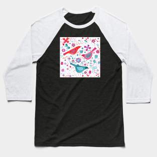 Bright Watercolor Birds and Flowers Baseball T-Shirt